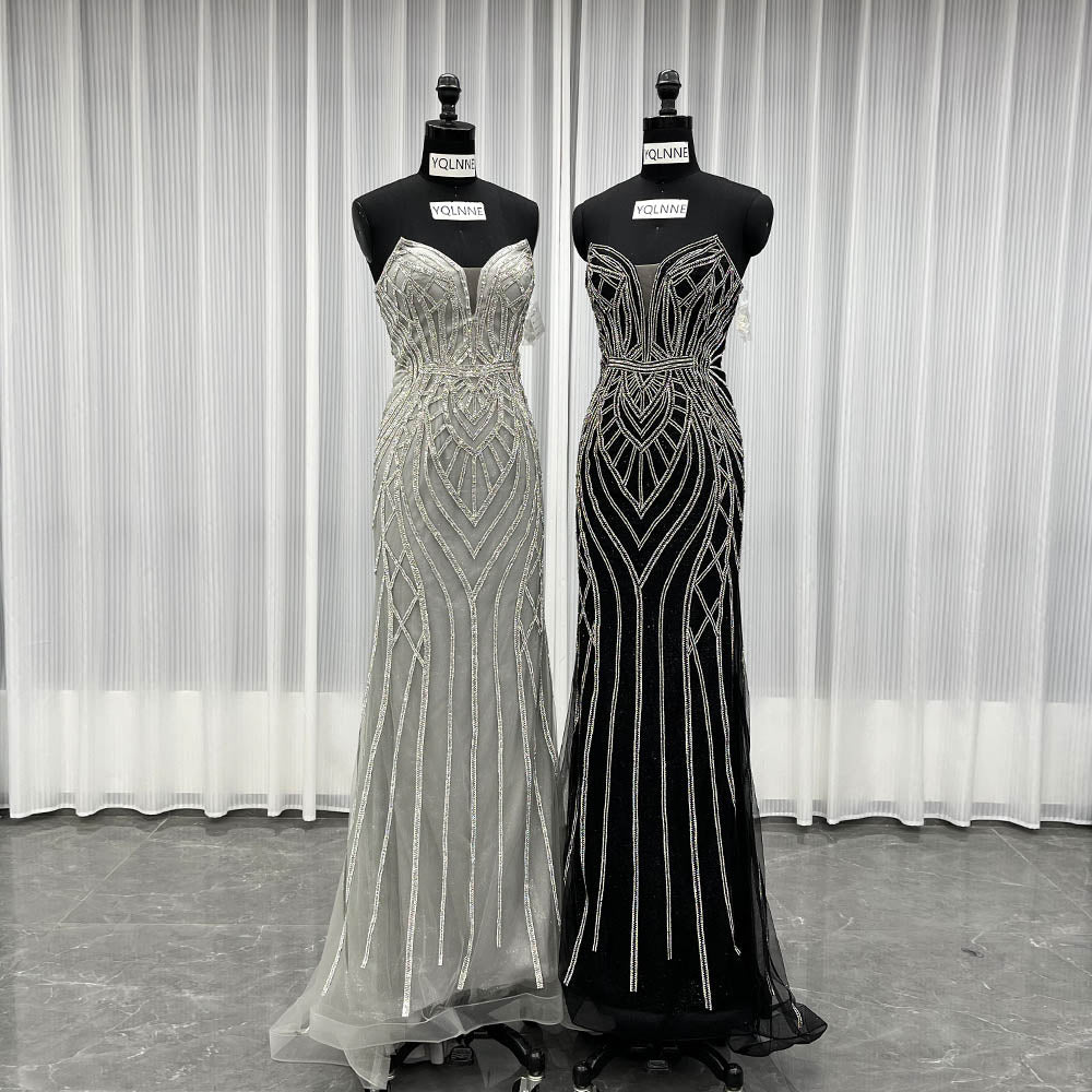 YQLNNE 0130 Black Strapless Crystal Evening Dress Long Mermaid Party Dress Lace-up Back