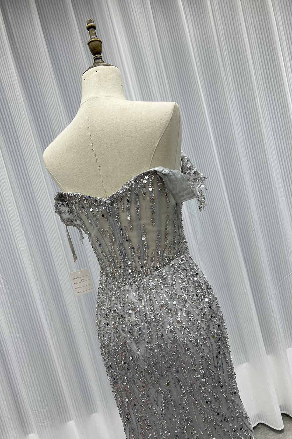 YQLNNE 08 Sliver Off The Shoulder Long Prom Dresses Slit Sequined Beaded Women Party Dress
