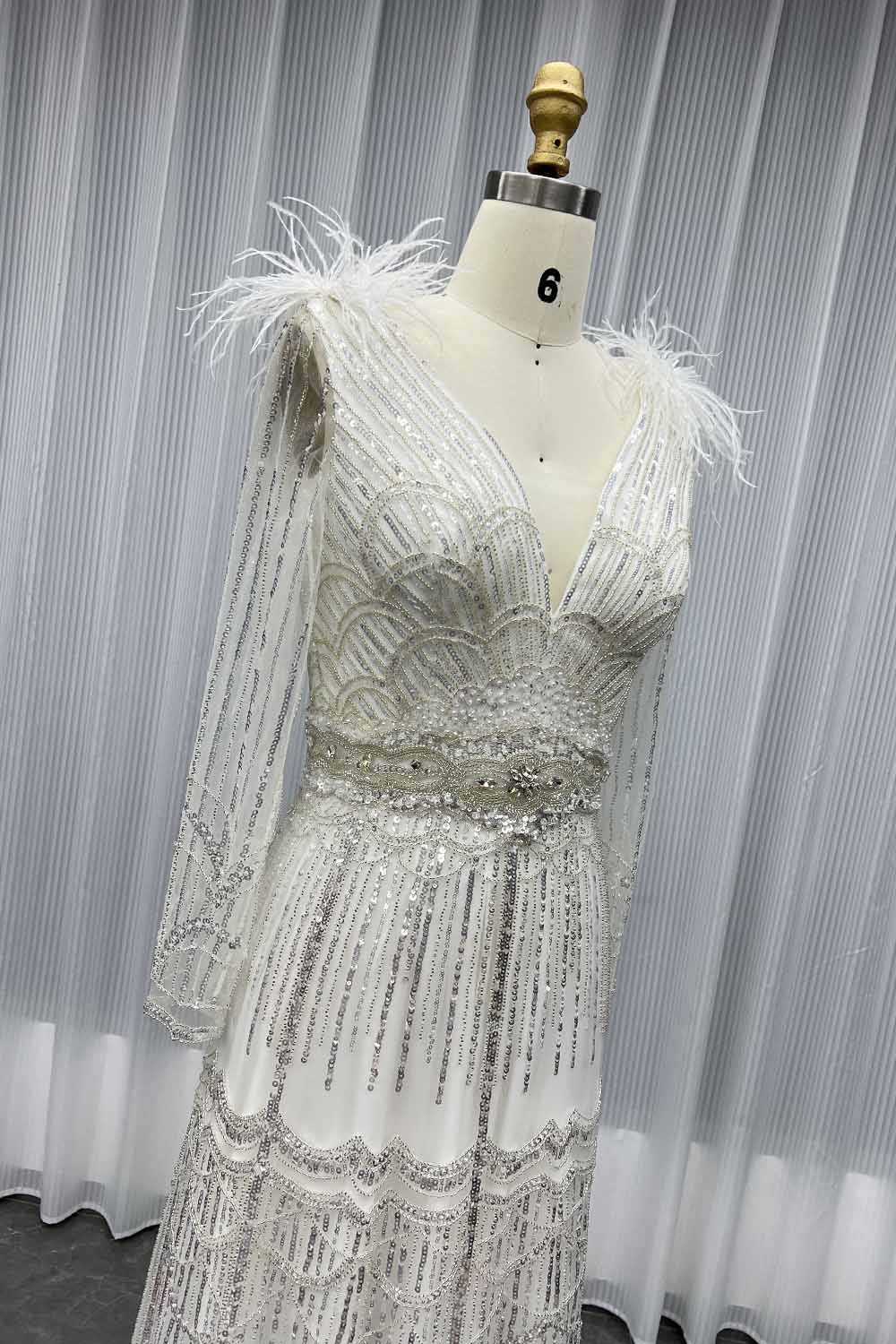 YQLNNE 17007 Muslim Feathers Evening Dress Long Sleeve Women Party Gown