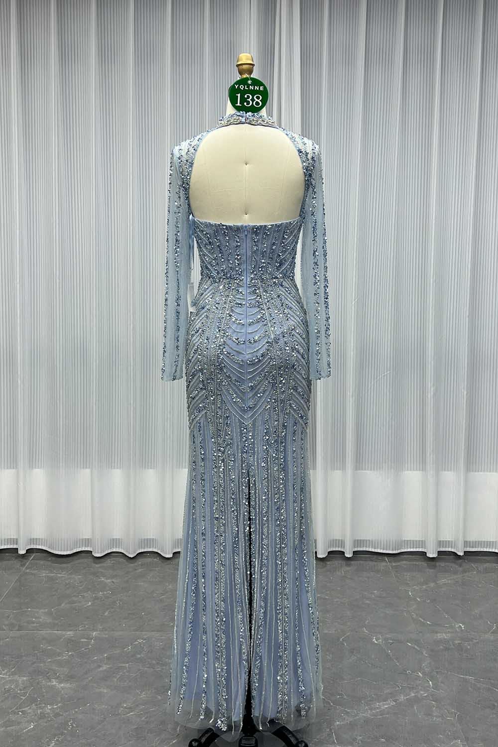 YQLNNE 0138 Pink Long Sleeves Evening Dress Handmade Heavy Crystals Beaded