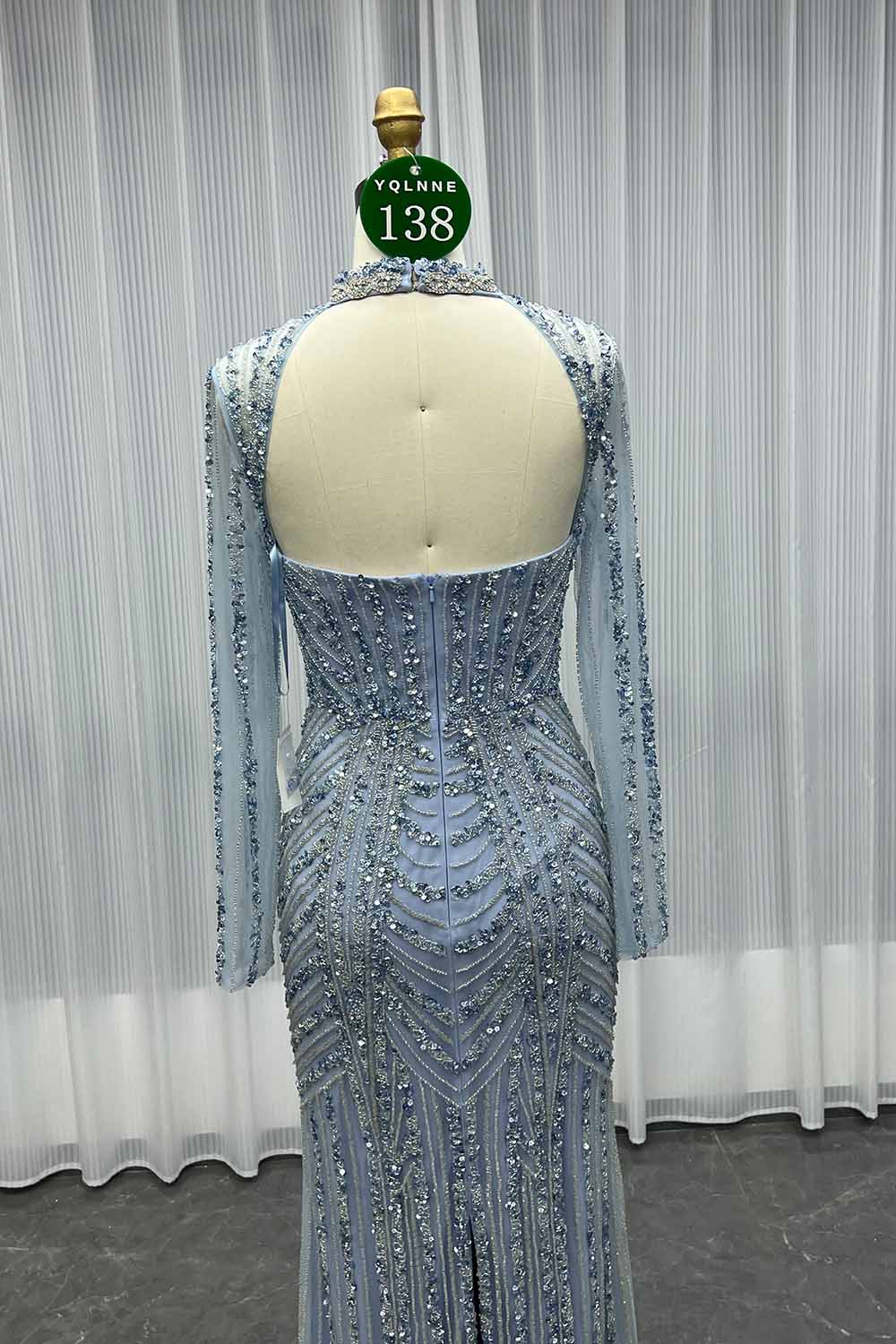 YQLNNE 0138 Pink Long Sleeves Evening Dress Handmade Heavy Crystals Beaded