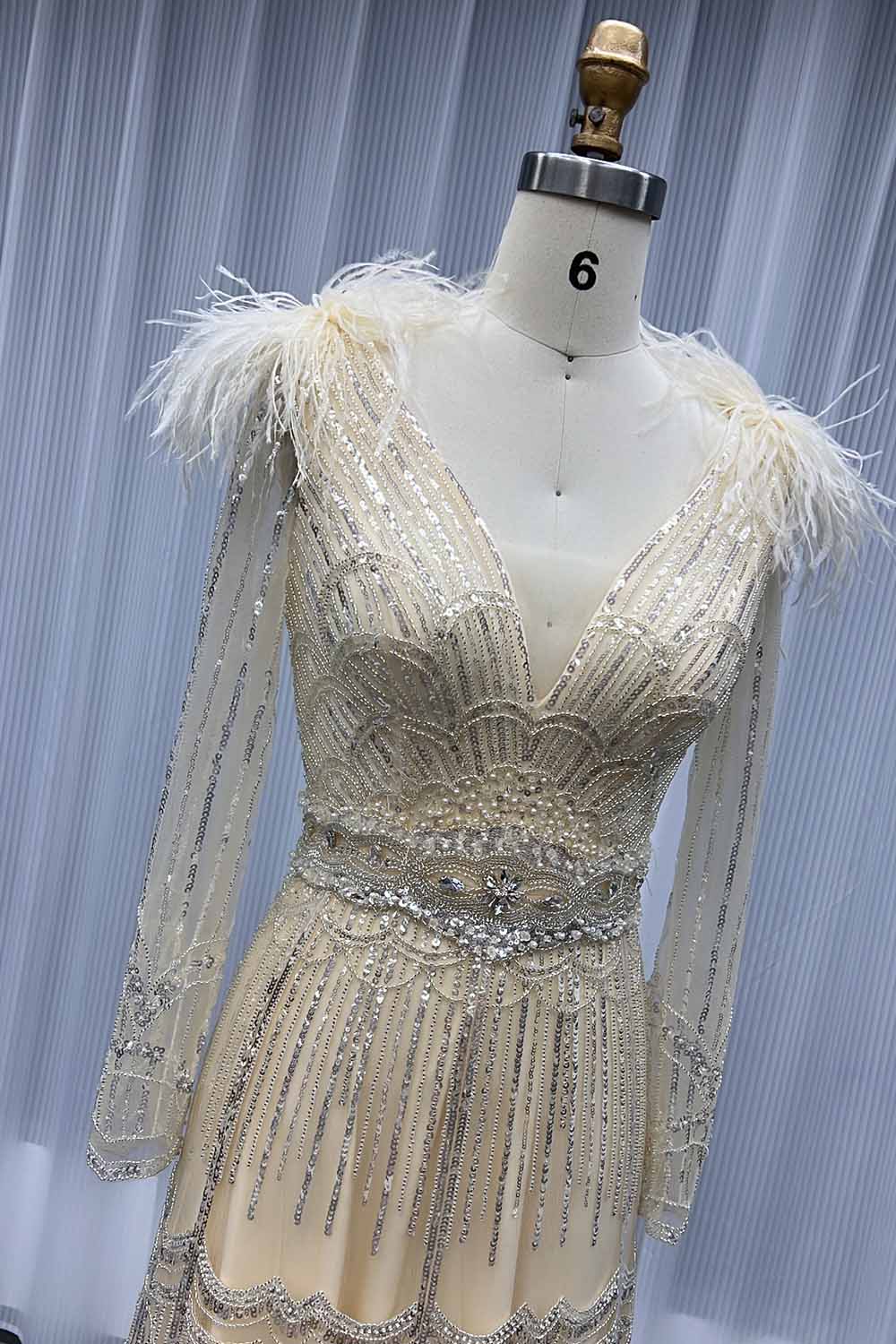 YQLNNE 17007 Muslim Feathers Evening Dress Long Sleeve Women Party Gown