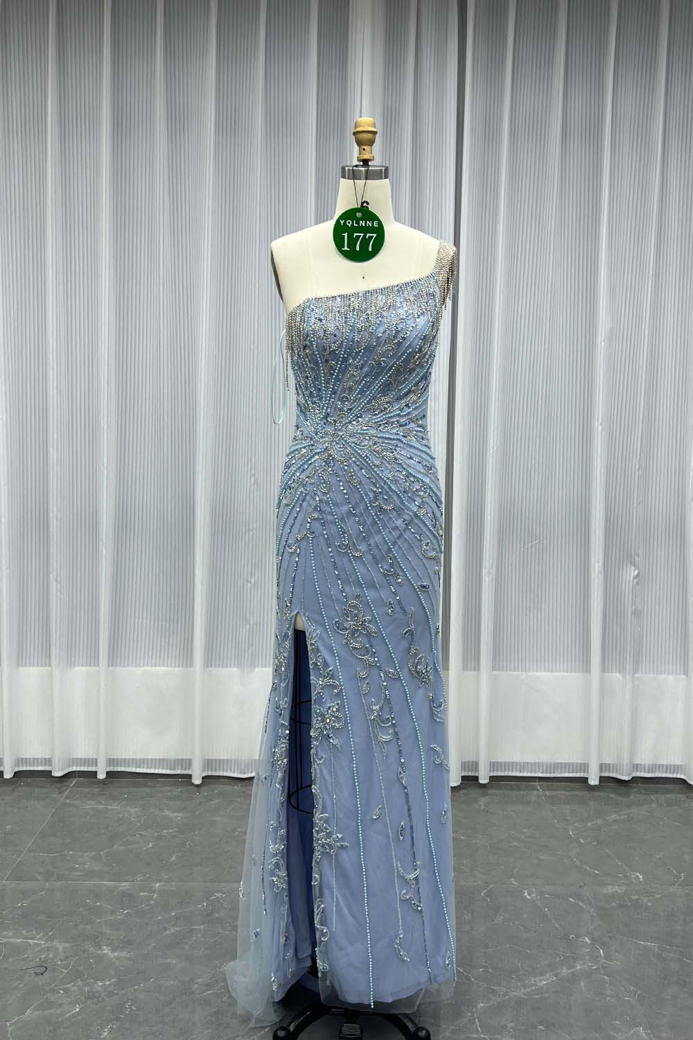 YQLNNE 0177 Blue One Shoulder Slit Evening Dress Handmade Crystals Beaded