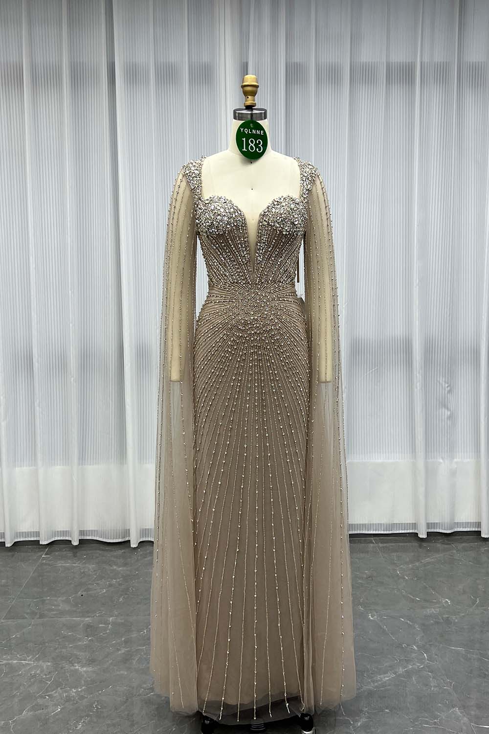 YQLNNE 0183 Luxury Pink Crystals Beaded Evening Dress Long Cape Sleeves