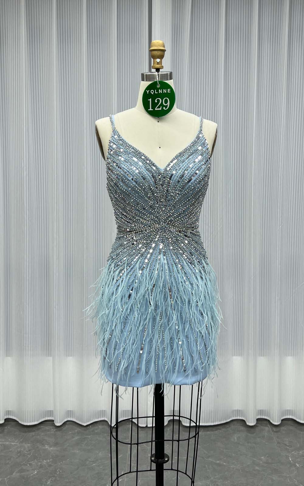 YQLNNE 0129 Silver Feathers Short Evening Dress Crystals Beaded Party Gown