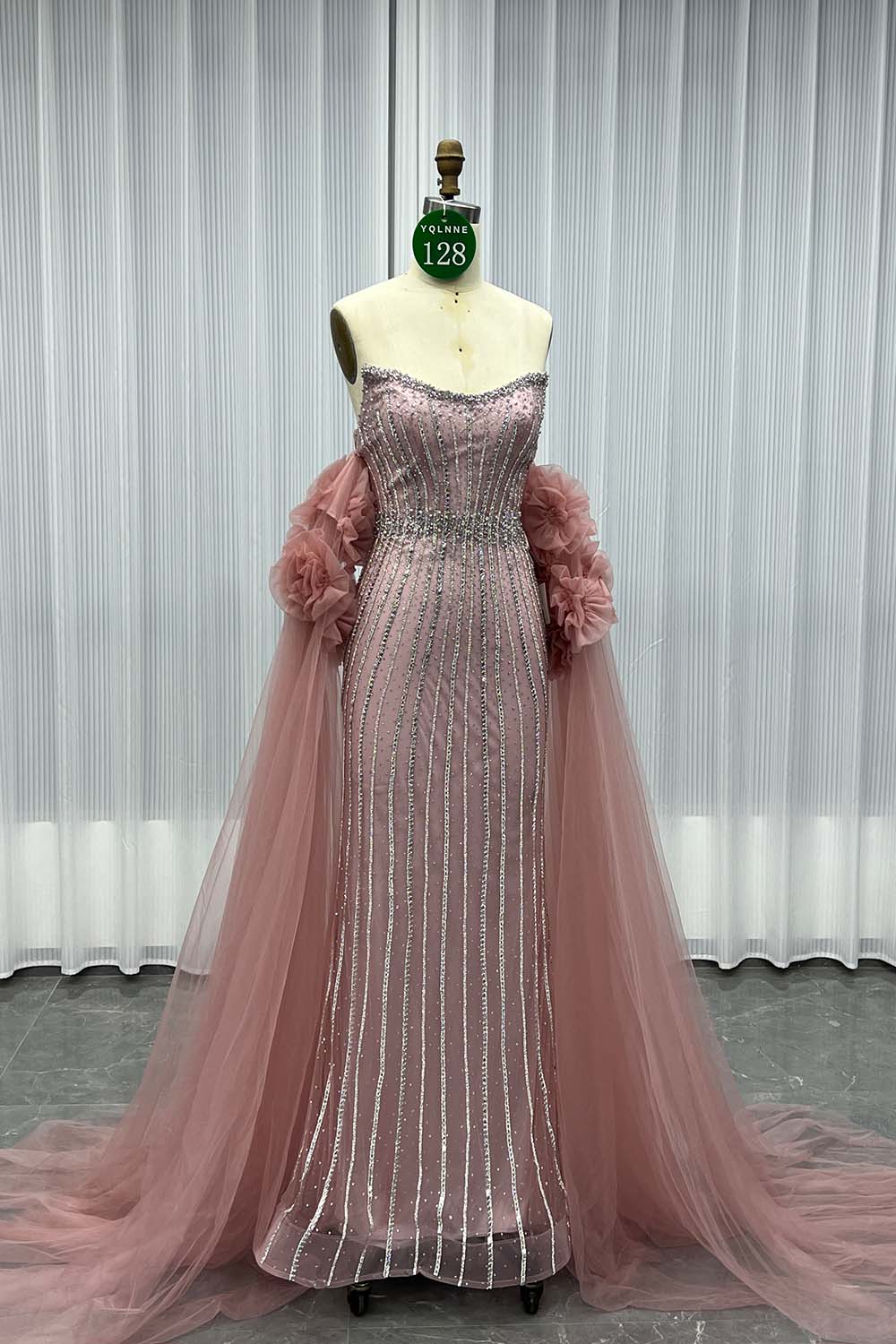 YQLNNE 0128 Luxury Pink Crystals Evening Party Gown With Removable Tulle Sleeves