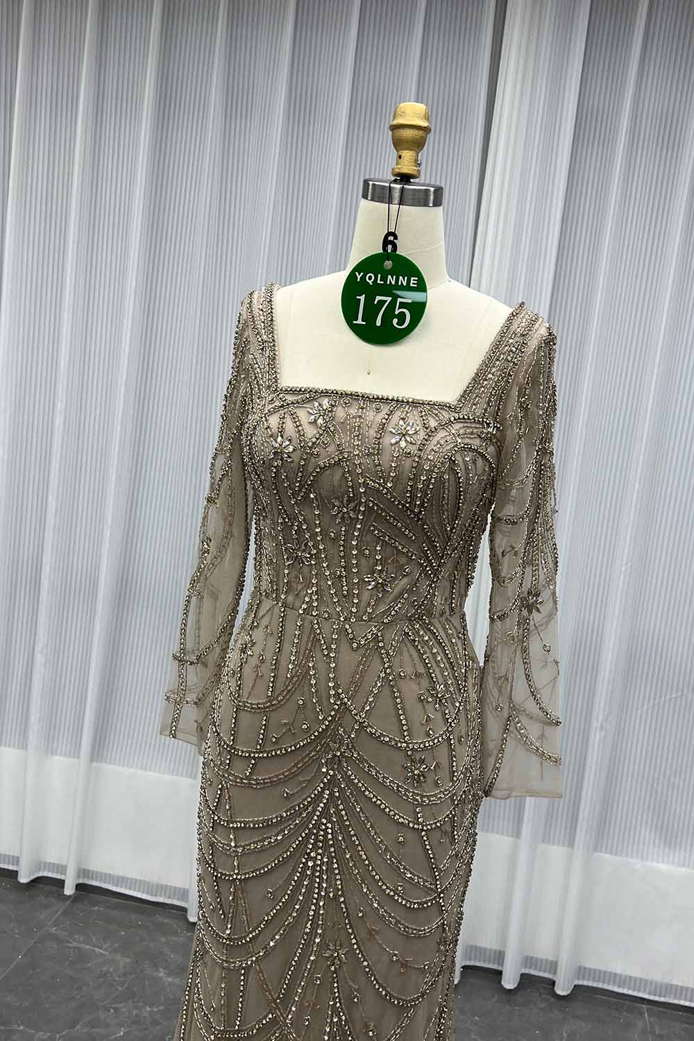 YQLNNE 0175 Nude Square Collar Crystals Beaded Evening Dress With Long Sleeves