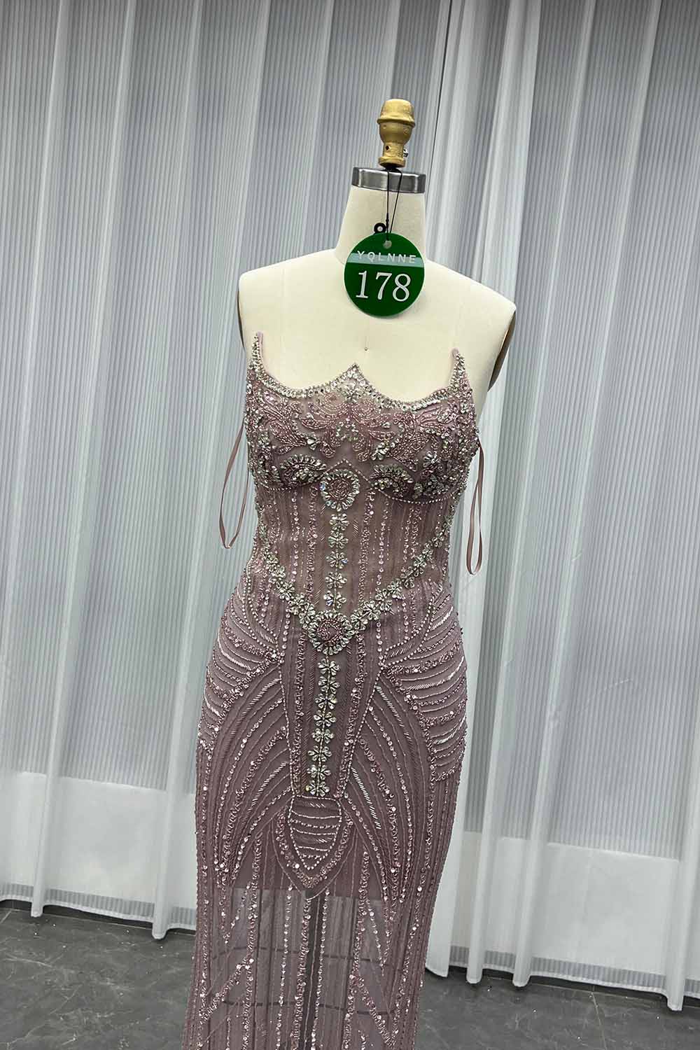 YQLNNE 0178 Pink Feathers Crystals Beaded Evening Dress Mermaid Removable Train