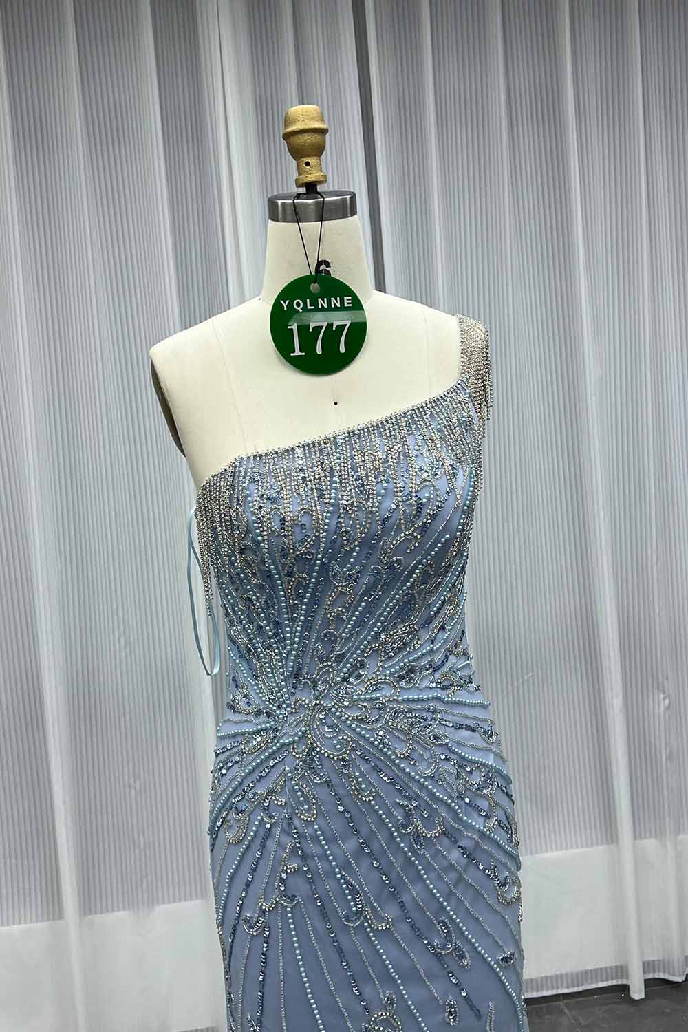 YQLNNE 0177 Blue One Shoulder Slit Evening Dress Handmade Crystals Beaded