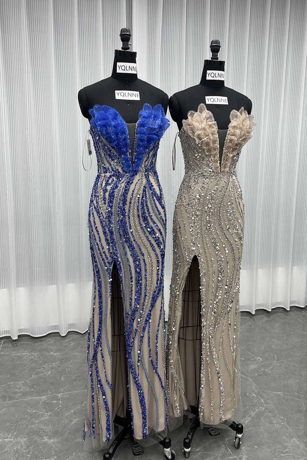 YQLNNE 040 Luxury Blue Crystals Evening Party Gown Pageant Dresses Lace-up