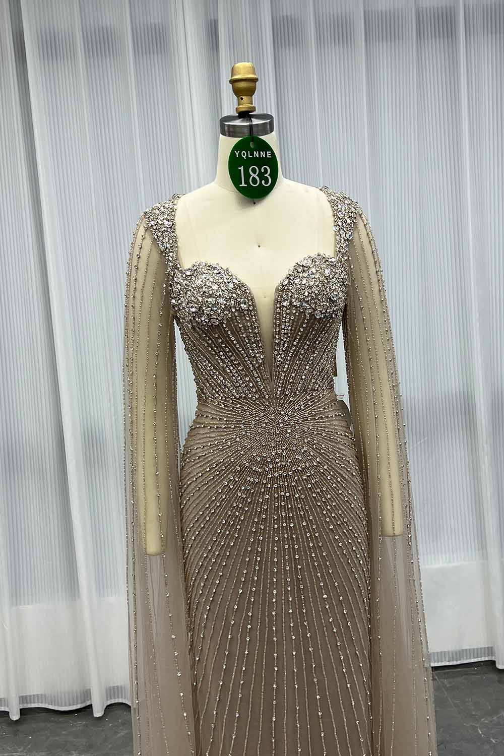 YQLNNE 0183 Luxury Pink Crystals Beaded Evening Dress Long Cape Sleeves