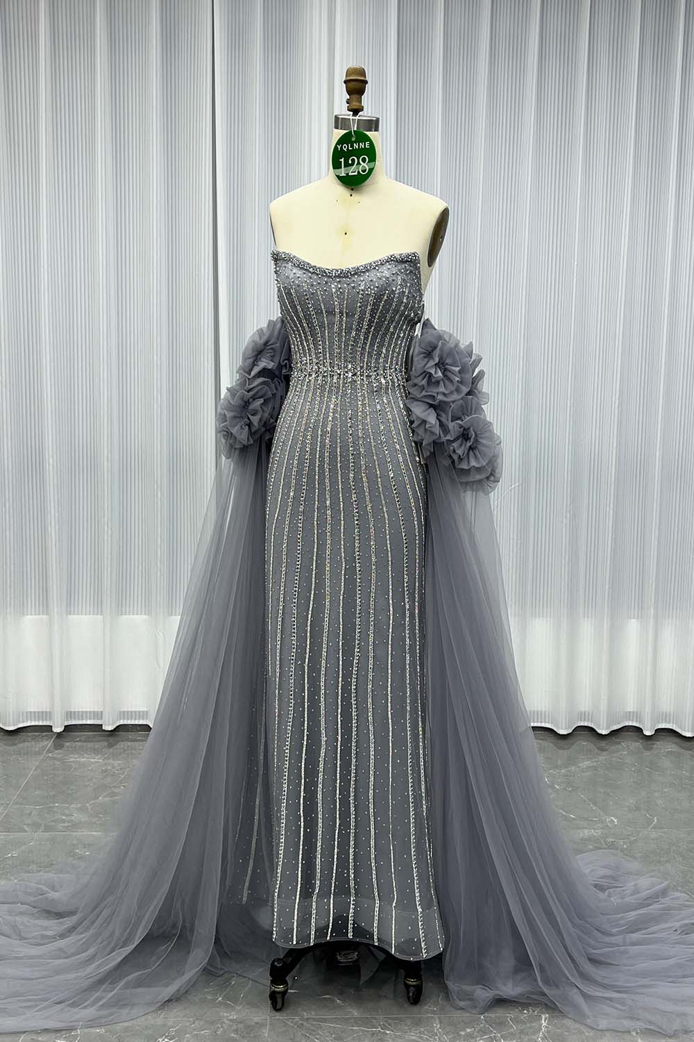 YQLNNE 0128 Luxury Gray Crystals Evening Party Gown With Removable Sleeves