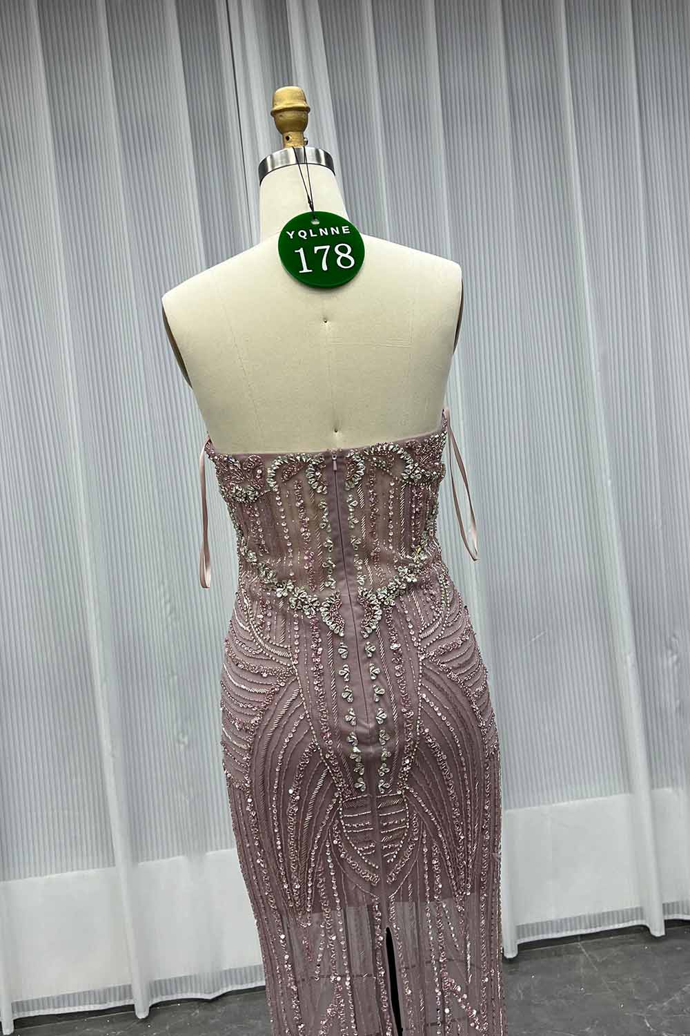 YQLNNE 0178 Pink Feathers Crystals Beaded Evening Dress Mermaid Removable Train