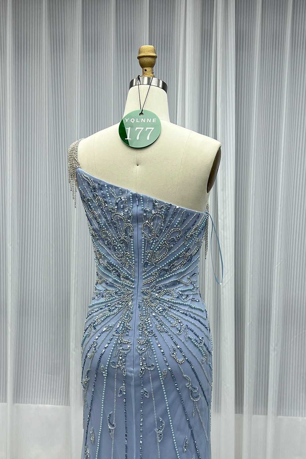 YQLNNE 0177 Blue One Shoulder Slit Evening Dress Handmade Crystals Beaded