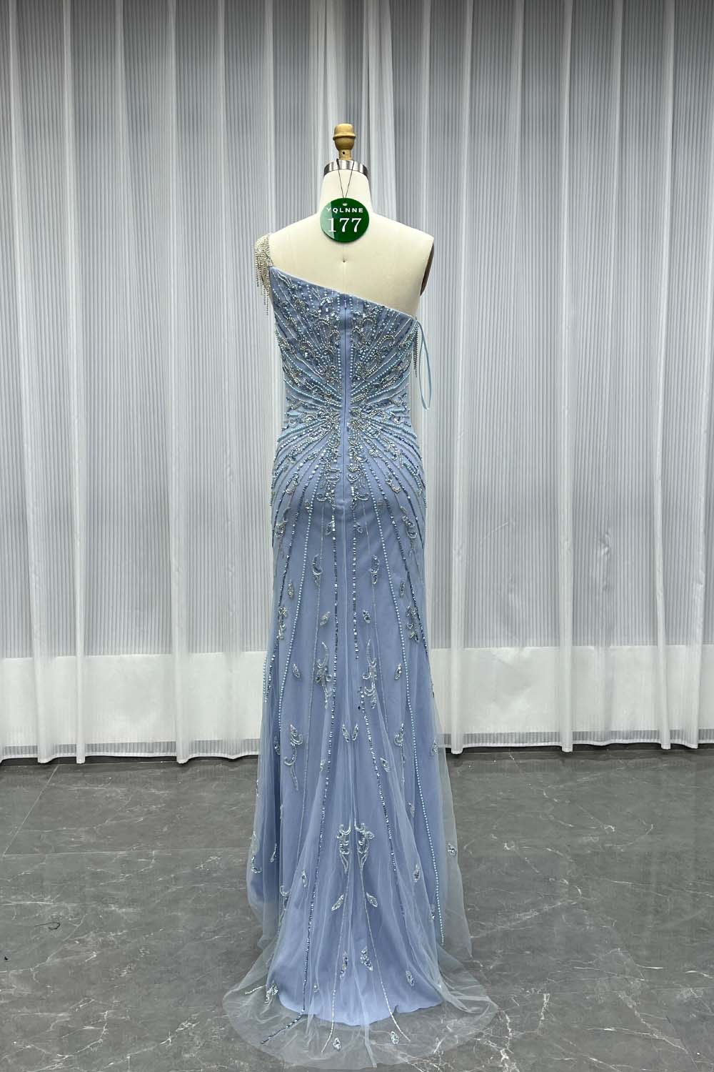 YQLNNE 0177 Blue One Shoulder Slit Evening Dress Handmade Crystals Beaded