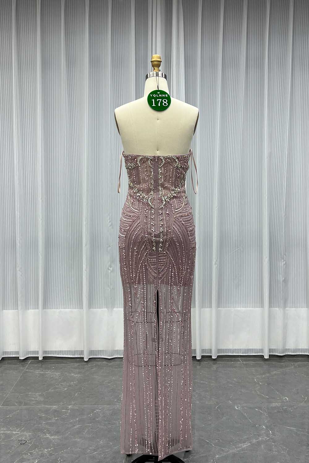 YQLNNE 0178 Pink Feathers Crystals Beaded Evening Dress Mermaid Removable Train