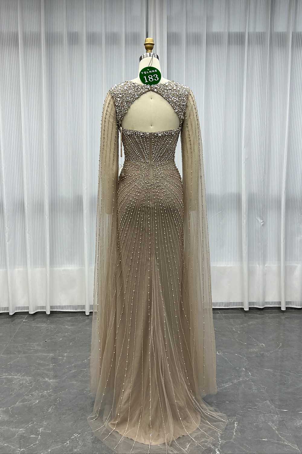 YQLNNE 0183 Luxury Pink Crystals Beaded Evening Dress Long Cape Sleeves