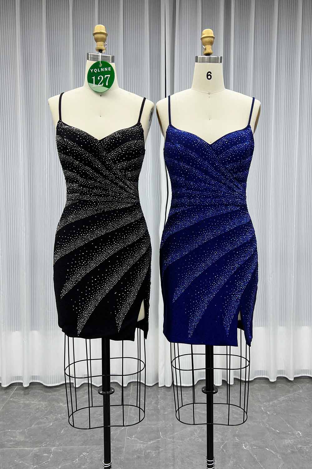YQLNNE 0127 Black Short Mini Cocktail Dress Crystals Party Gown