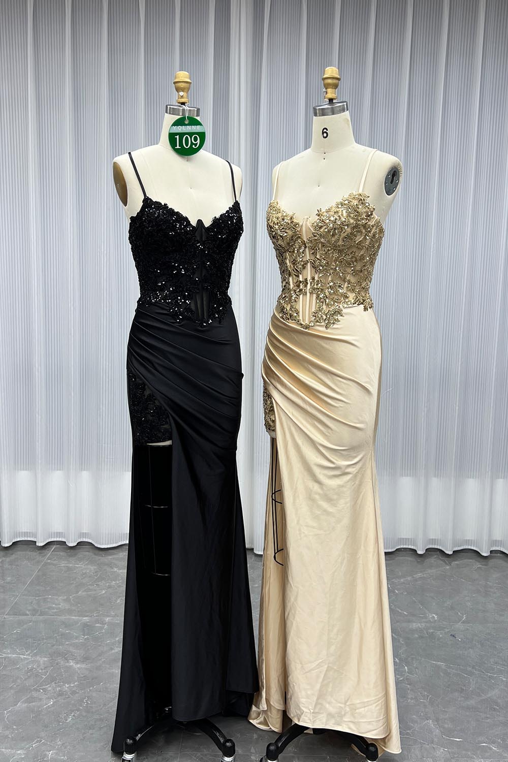 YQLNNE 0109 Gold Long Slit Prom Dress With Beadings
