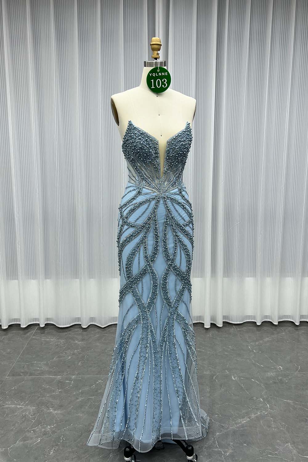 YQLNNE 0103 Blue Strapless Crystals Pearls Prom Dress Long Party Gown