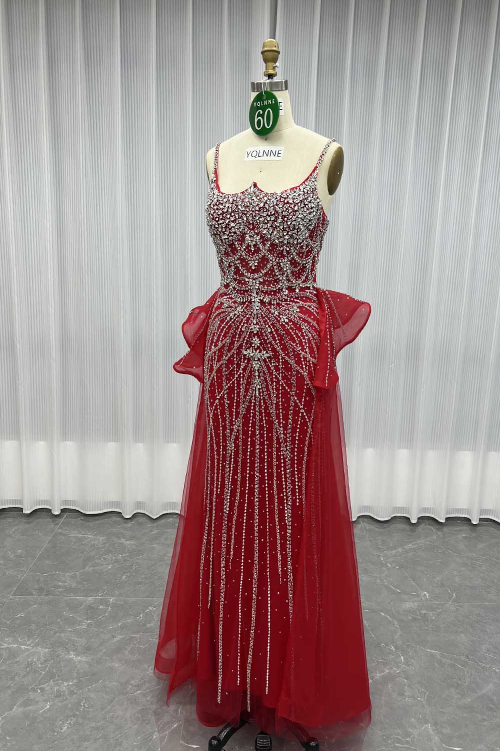 YQLNNE 060 Red Rhinestones Evening Dress Straps Long Mermaid Formal Gown