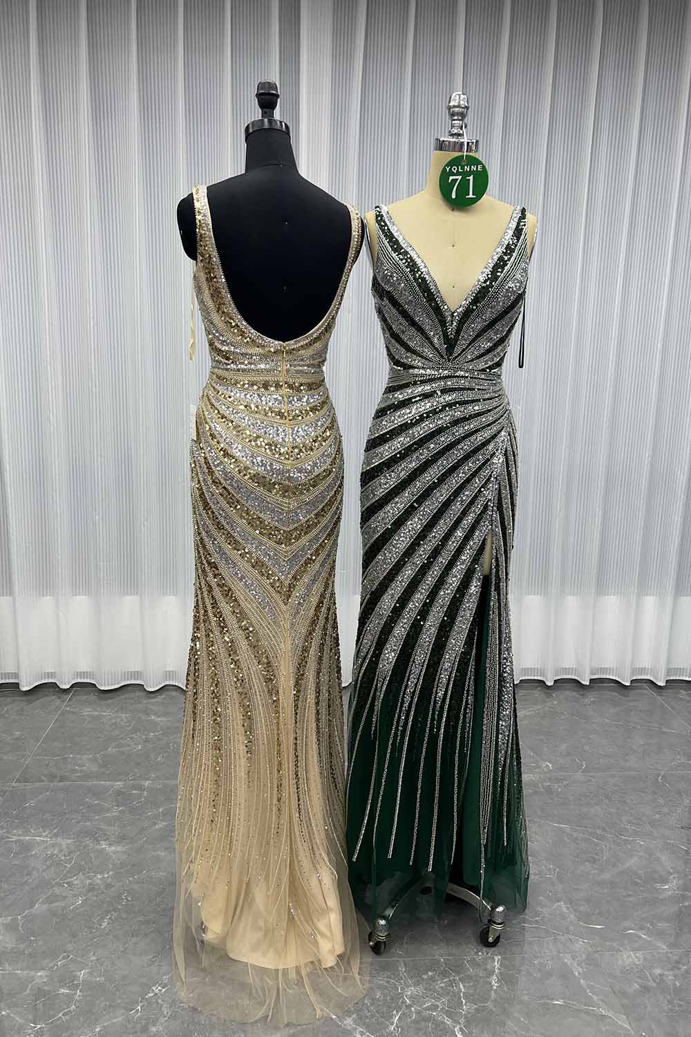 YQLNNE 071 Gold Sequined Long Prom Dresses Mermaid Party Dress
