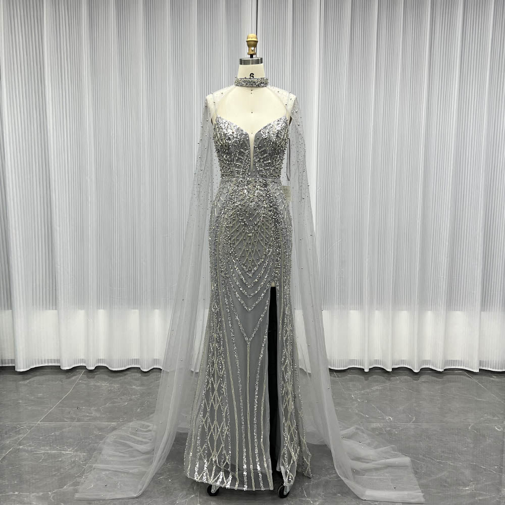 YQLNNE 17009 Silver Straps Long Evening Dress With Cape