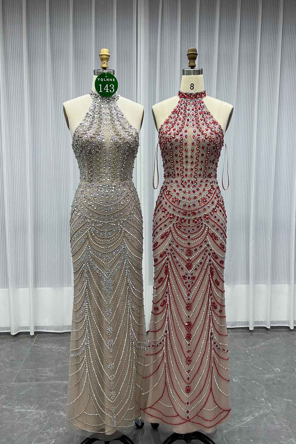 YQLNNE 0143 Red Crystals Beaded Evening Dress Halter Lace-up Back