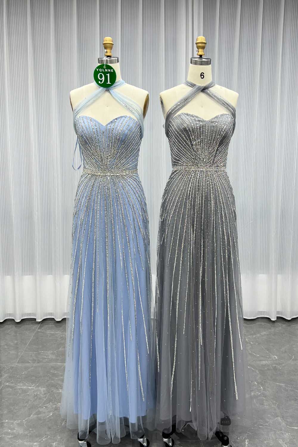 YQLNNE 091 Blue Crystals Long Prom Dress Halter