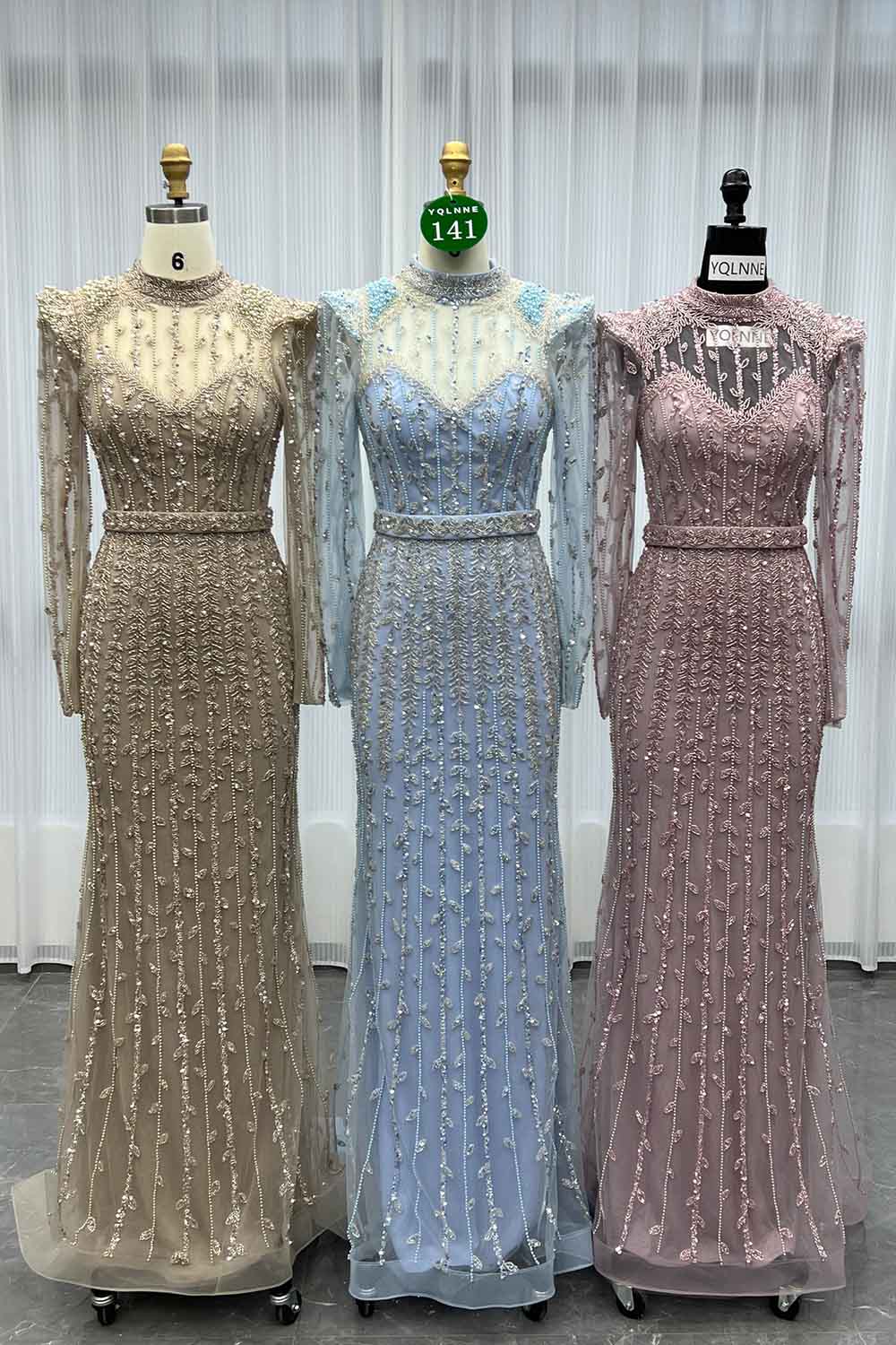 YQLNNE 0141 Modest Pink Full Sleeves Evening Dress Handmade Beaded Pearls Muslim Formal Gown