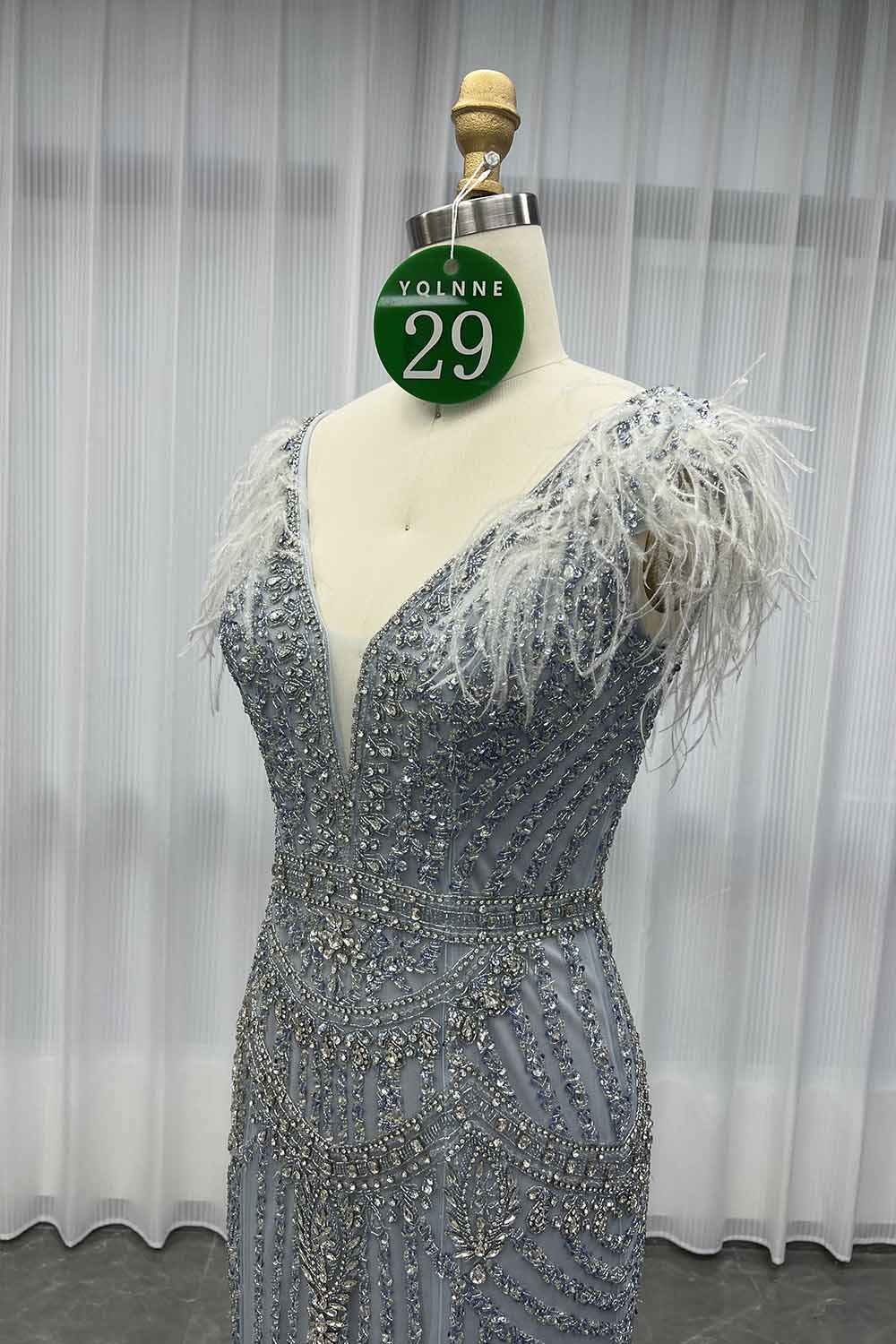 YQLNNE 029 Light Blue Feathers Evening Dress Handmade Crystals Beaded