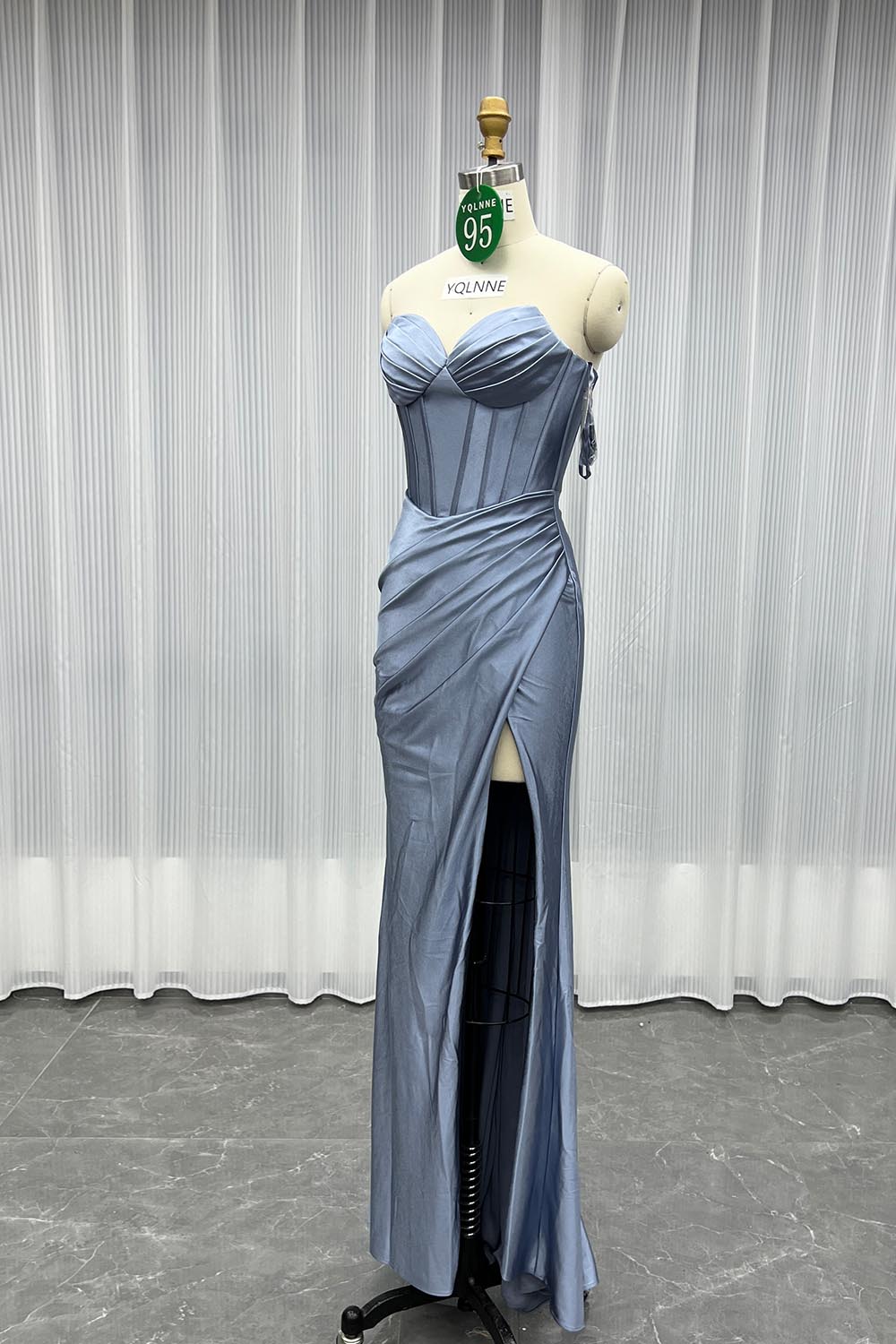 YQLNNE 095 Dusty Blue Strapless Satin Long Prom Dress Mermaid