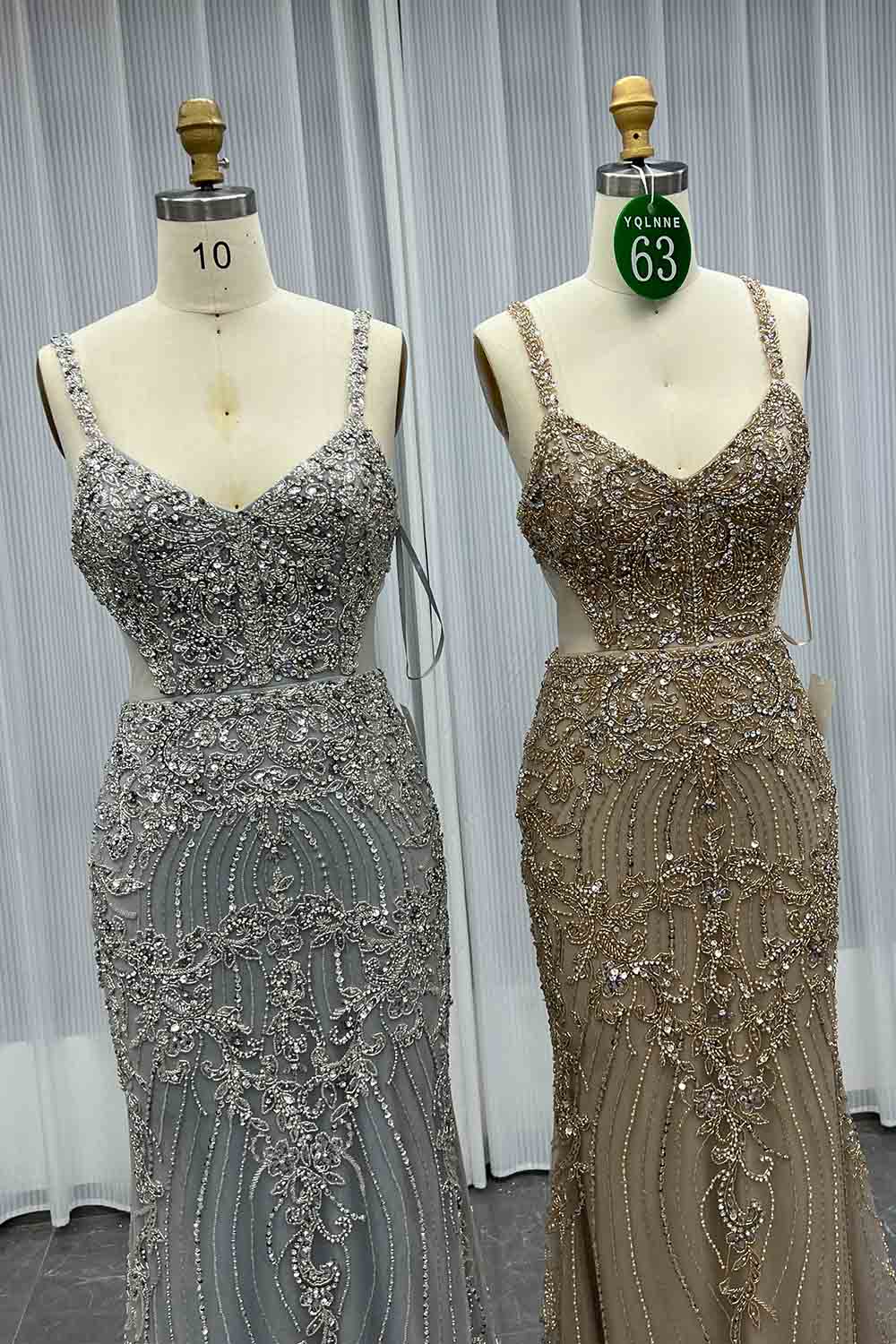 YQLNNE 063 Nude Rhinestones Evening Dress Mermaid Pageant Gown