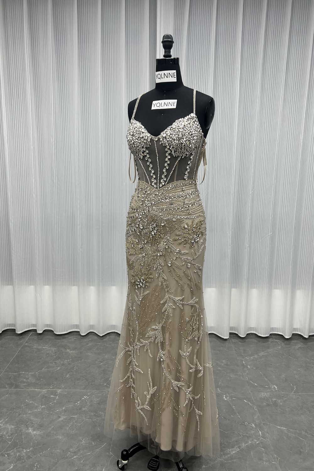YQLNNE Nude Rhinestones Mermaid Evening Dress Long Formal Women Party Dress