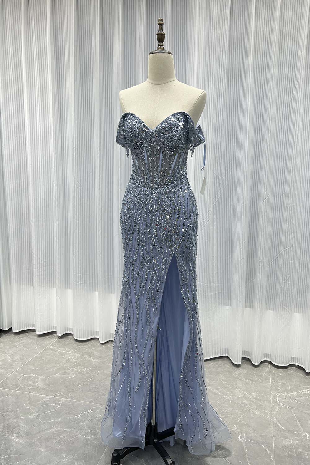 YQLNNE 08 Sliver Off The Shoulder Long Prom Dresses Slit Sequined Beaded Women Party Dress