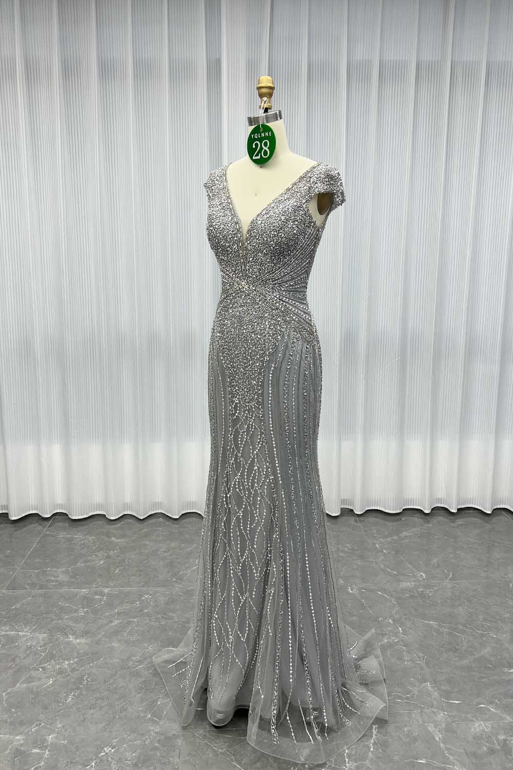 YQLNNE 028 Silver Crystals Beaded Evening Dress Mermaid Cap Sleeves