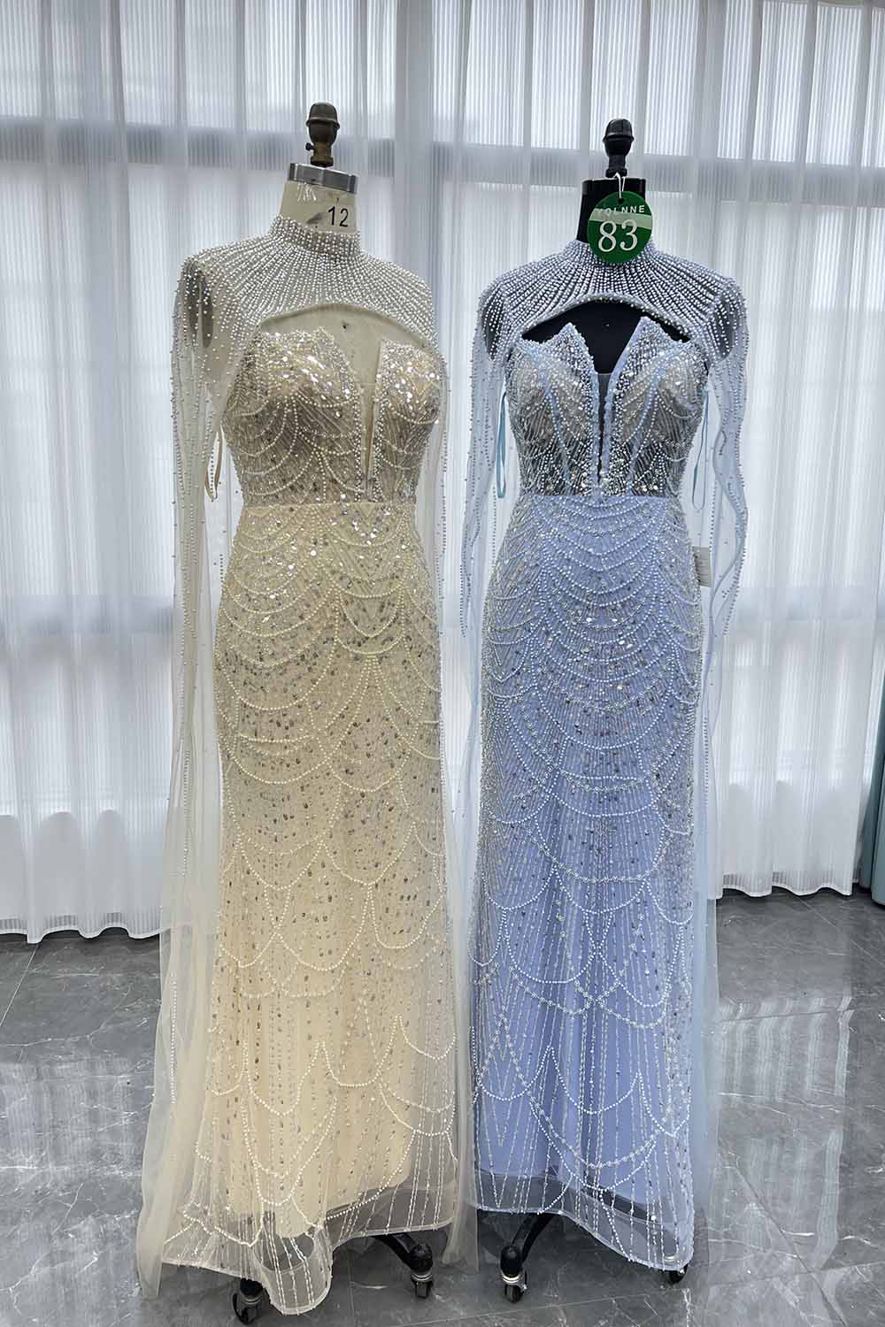 YQLNNE 083 Champagne Beading Long Evening Dress With Removable Shawl