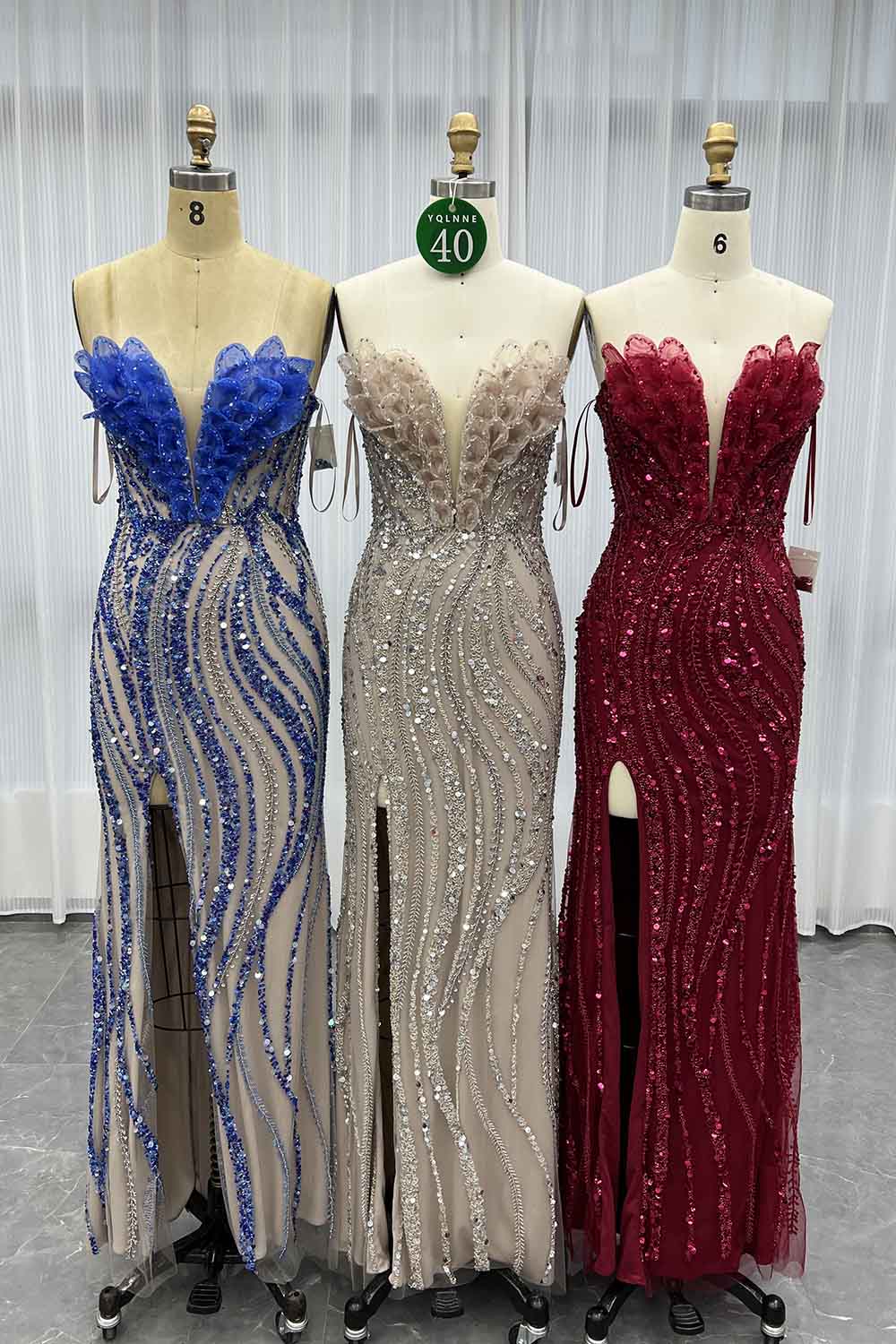YQLNNE 040 Burgundy Corset Evening Dress Long Slit Handmade Beaded Gown
