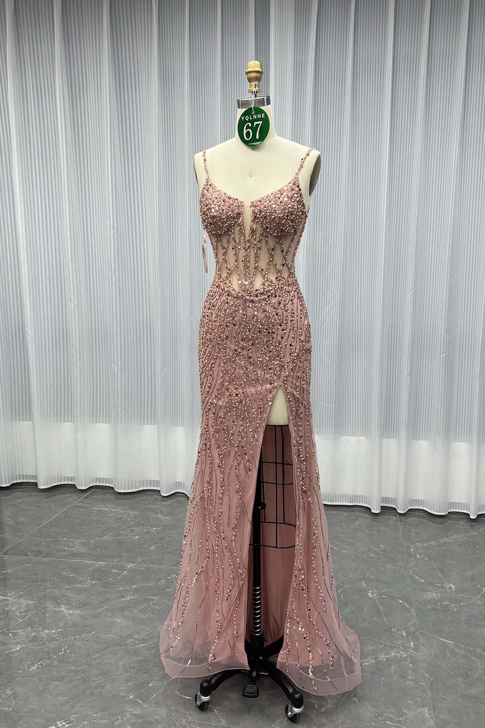 YQLNNE 067 Rose Gold Long Slit Prom Dress Mermaid Party Dress