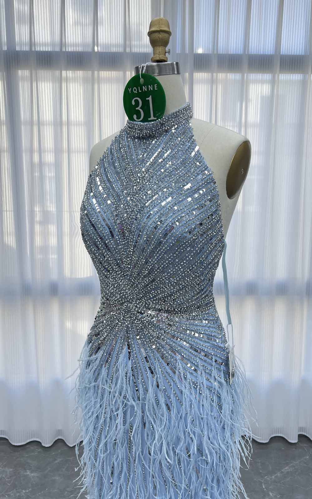 YQLNNE 031 Sky Blue Feathers Crystals Evening Dress Halter