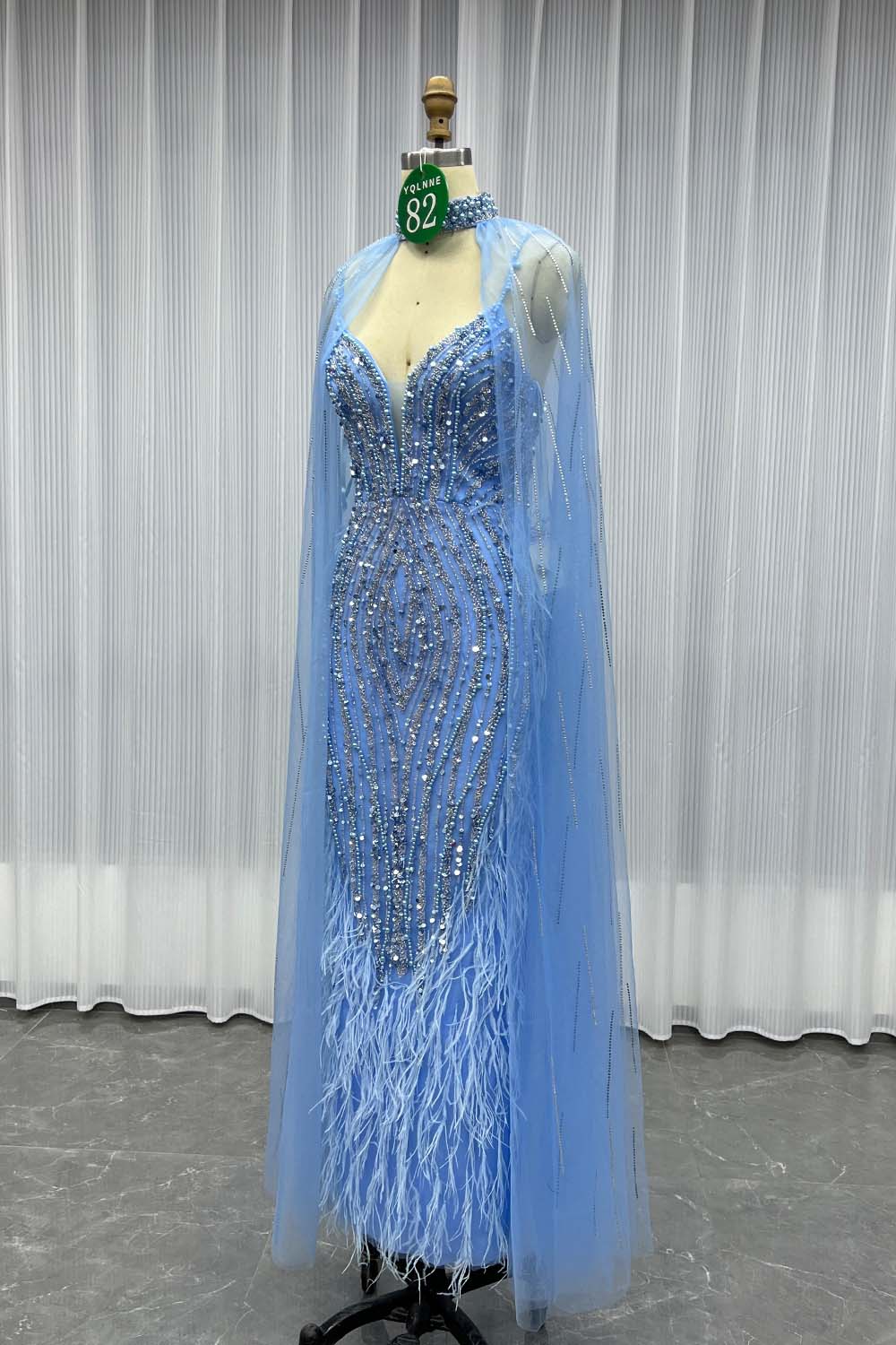 YQ082 Blue Feathers Evening Dress With Shawl Mid-Length
