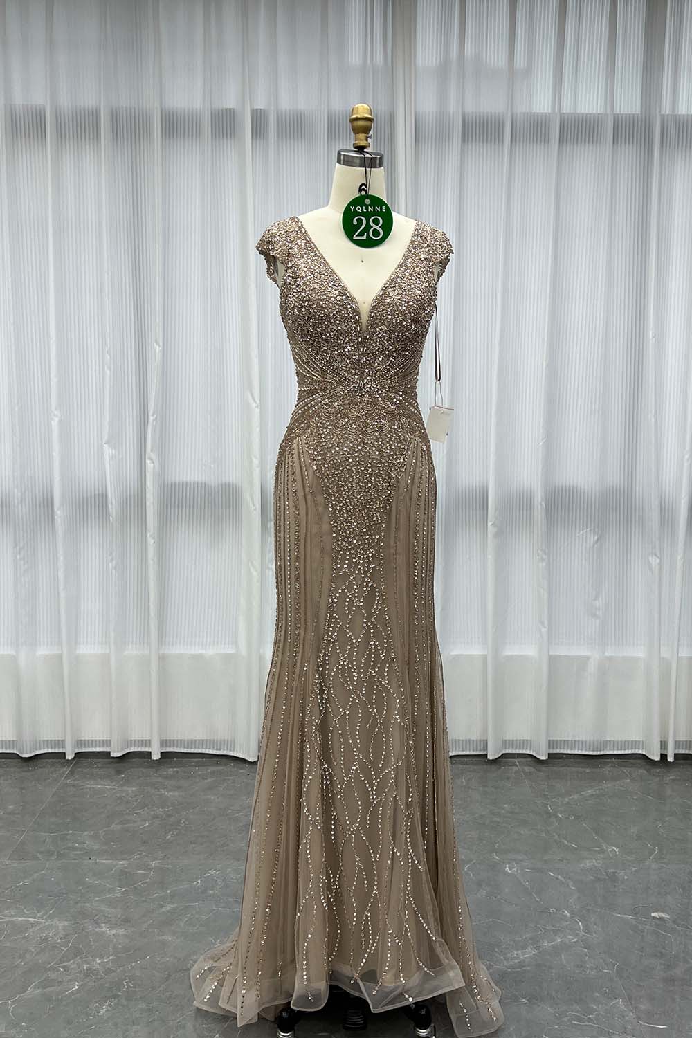 YQLNNE 028 Nude Handmade Crystals Beaded Evening Gown Pageant Dress