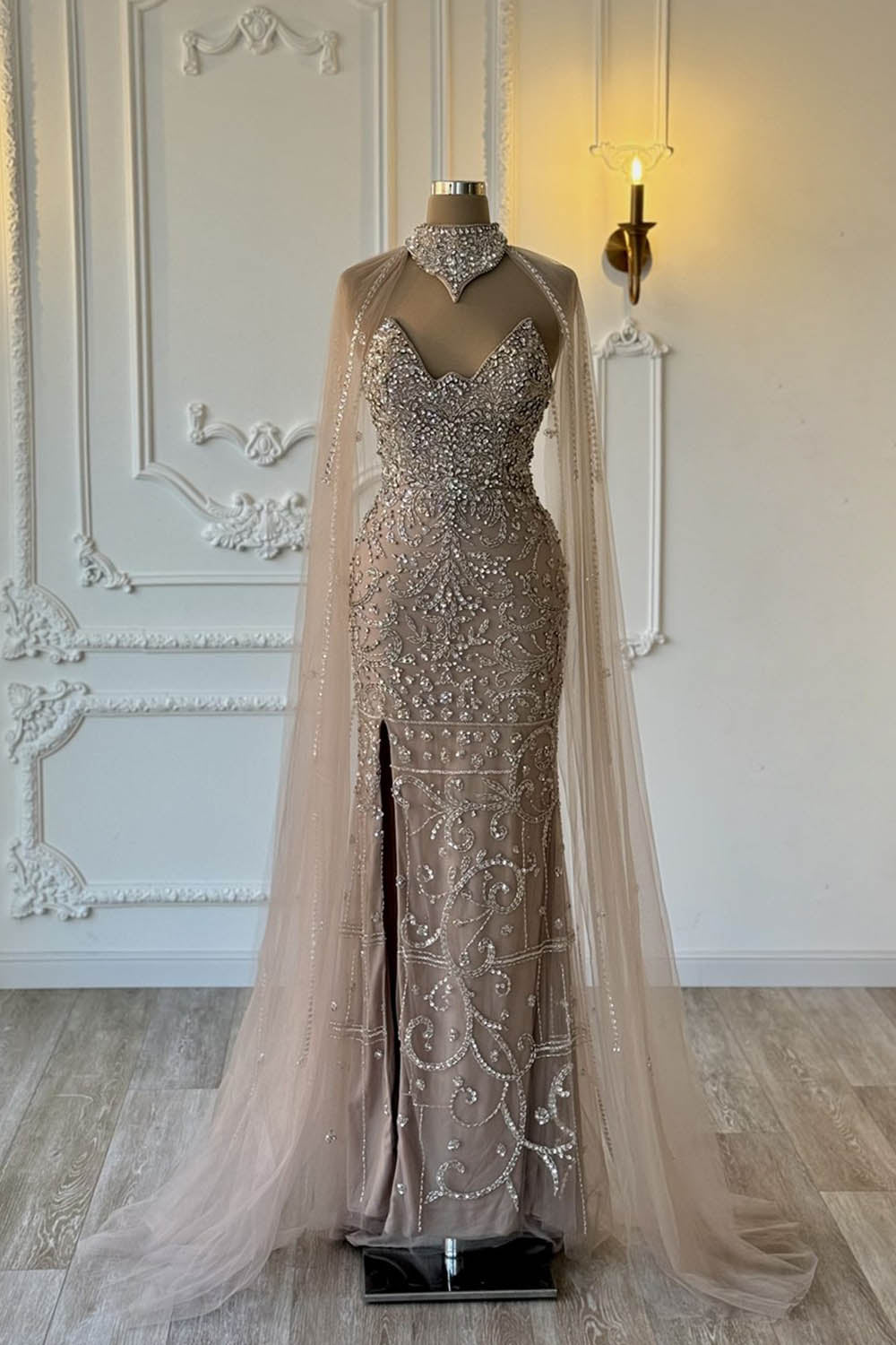 YQLNNE 036 Luxury Nude Crystals Evening Dress With Cape