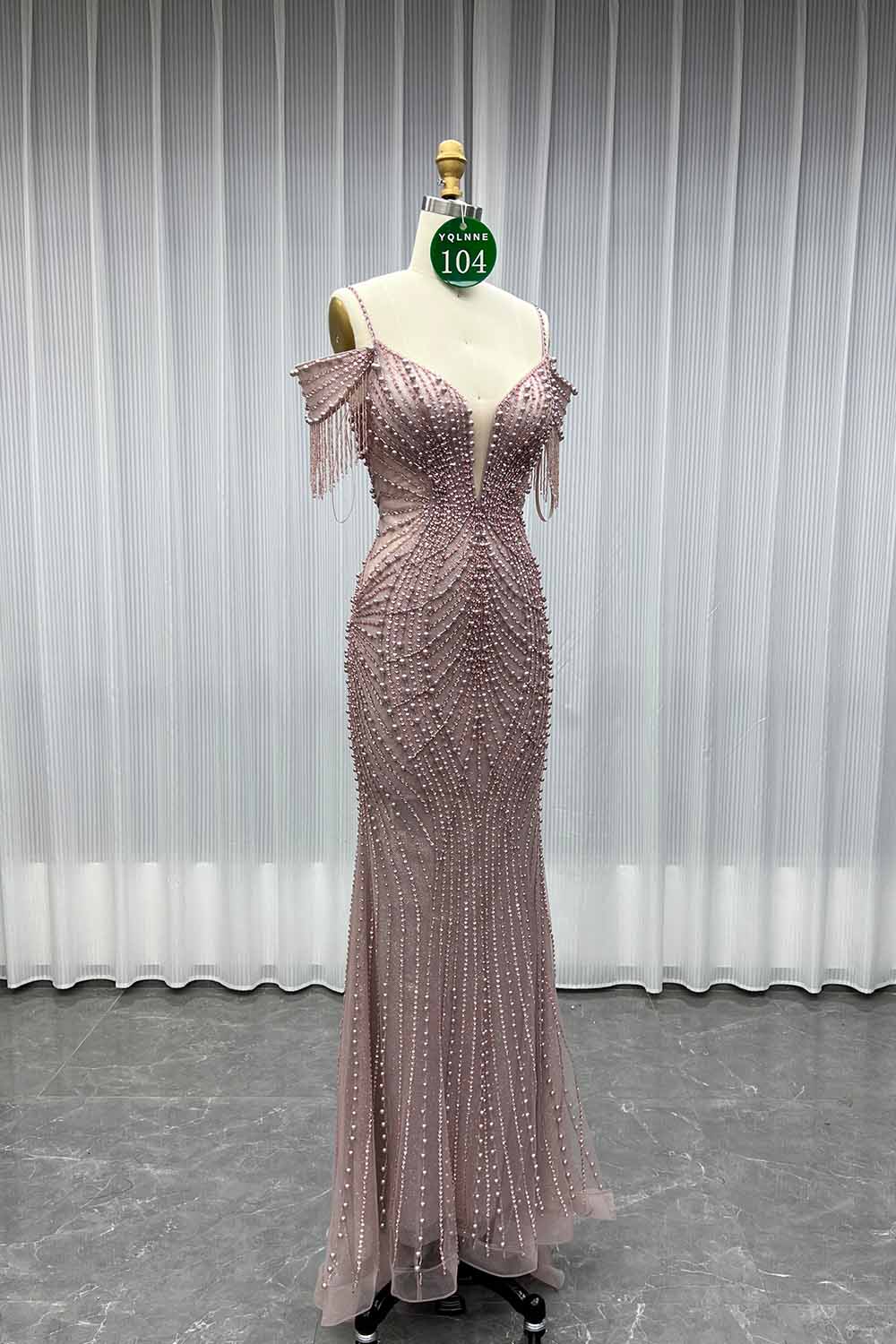 YQLNNE 0104 Pink Off Shoulder Evening Party Gown Handmade Pearls Beaded