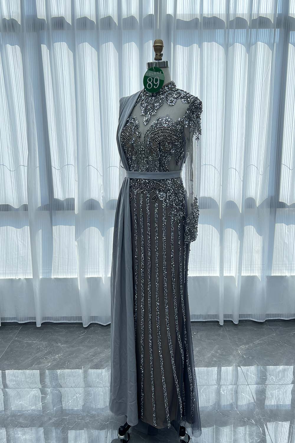 YQLNNE 089 Gray Long Sleeves Evening Dress Handmade Crystals Beaded Formal Gown