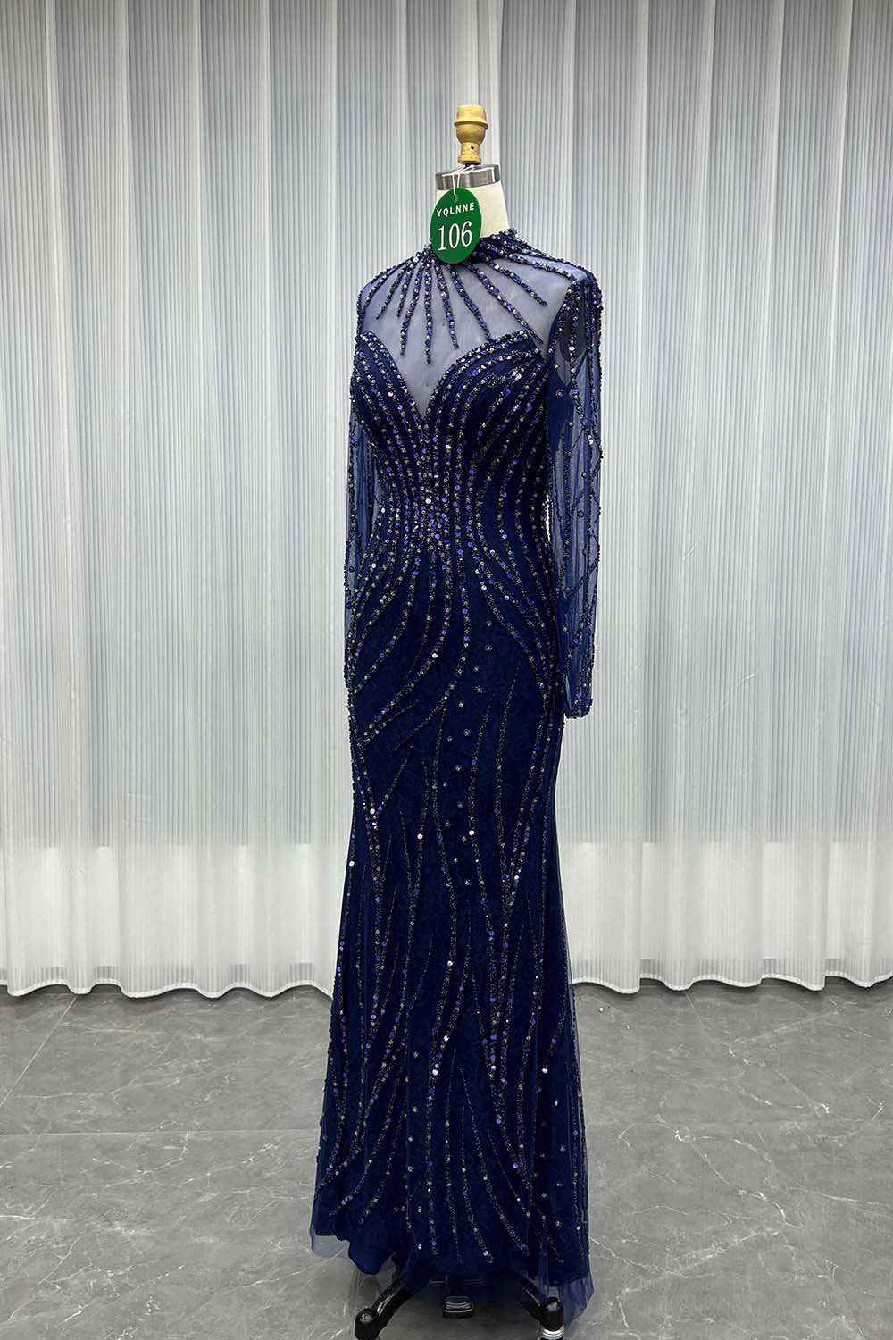 YQLNNE 0106 Modest Navy Long Sleeve Evening Dress Formal Party Gown