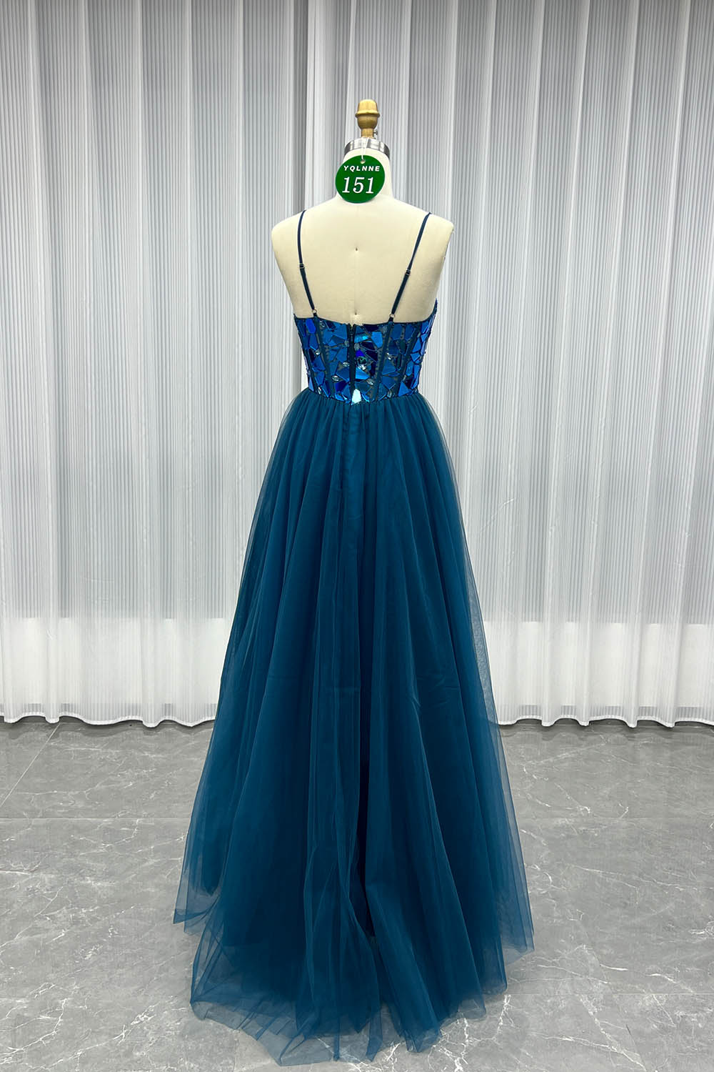 YQLNNE 0151 Blue Spaghetti Lens Long Prom Dress
