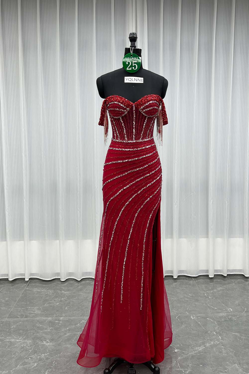 YQLNNE 025 Red Off Shoulder Crystals Beaded Prom Dress Long Evening Gown