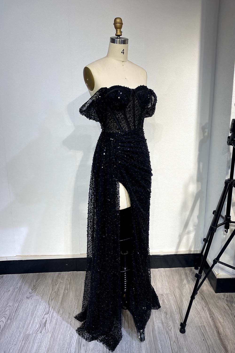 YQLNNE 111 Black Off the Shoulder Evening Dress Sequined Slit Party Gown