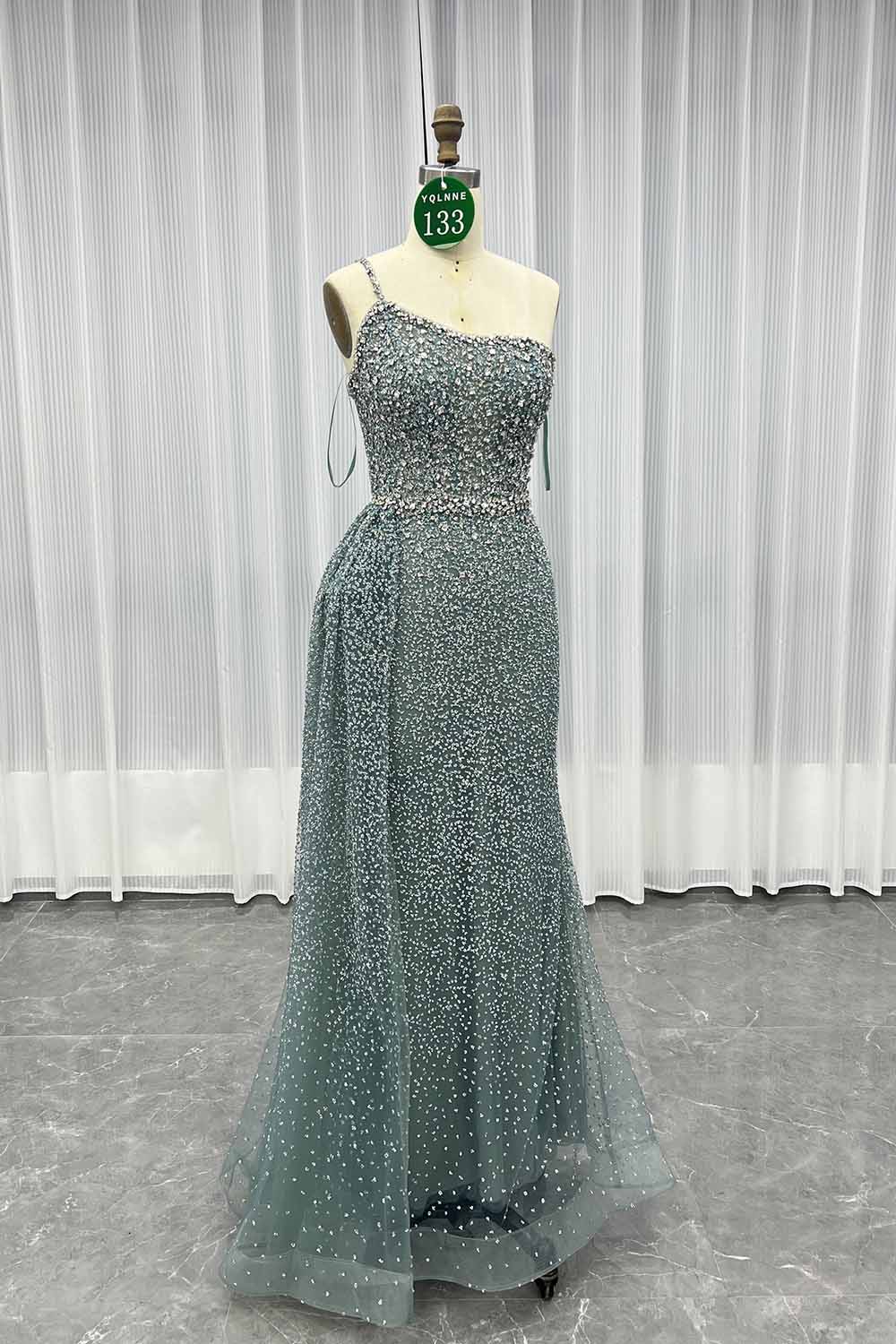 YQLNNE 0133 Sparkly Pine Green Crystals Evening Dress One Shoulder Long Glitter Prom Gown